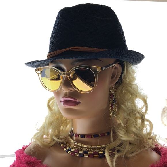 Oscar DeLa Renta Clear Yellow Frame Slim Gold Arm Blue Tint - Picture 7 of 7